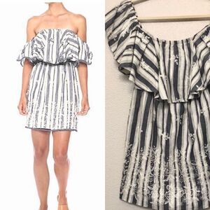 MISA Los Angeles Off Shoulder romantic embroidered stripe Cotton Dress coastal M